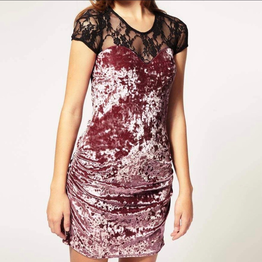 ASOS Liquorish Crushed Velvet Pink Black Lace Back Cinched Mini Dress XS 0
